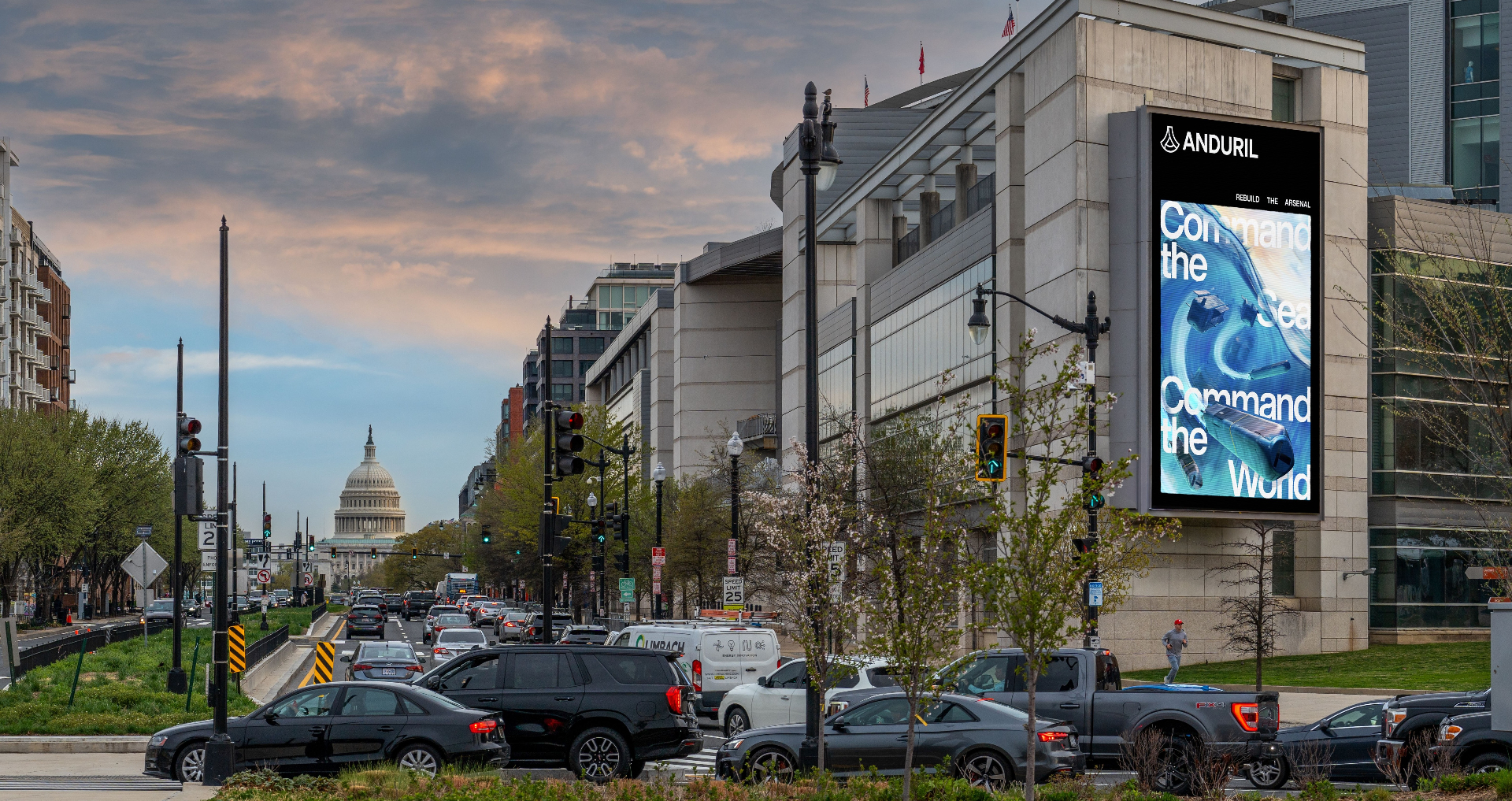 Billboard near US Capitol at sunset